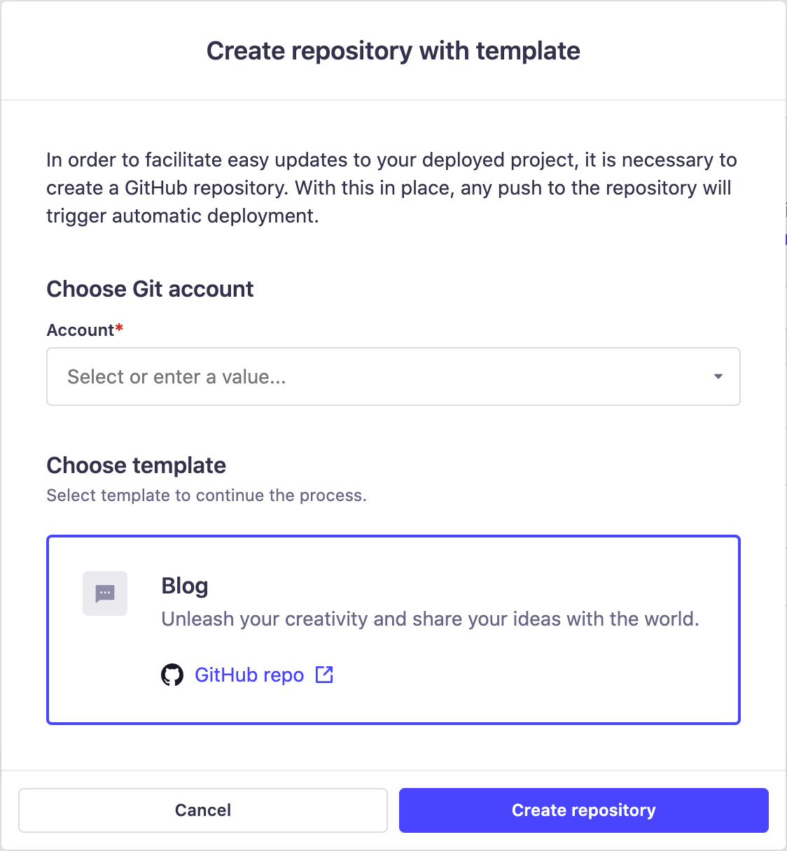 Create repo with template modal